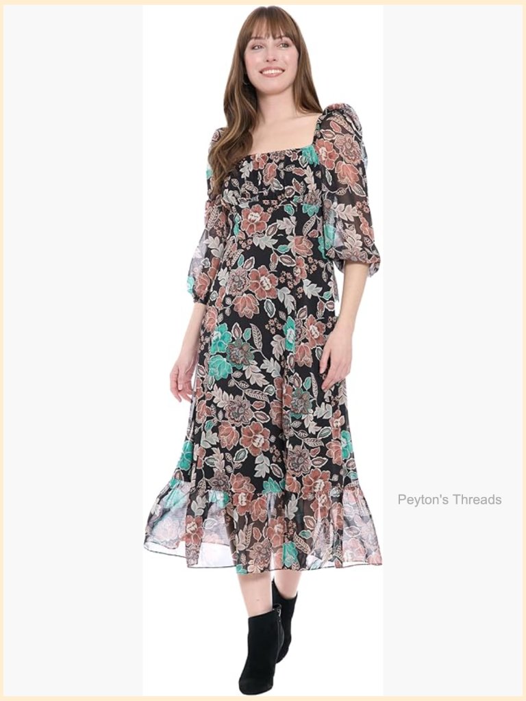 Square Neck Floral Midi Dress With 3/4 Puff Sleeves A-Line